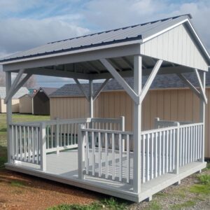 Pergola with metal roof and railings